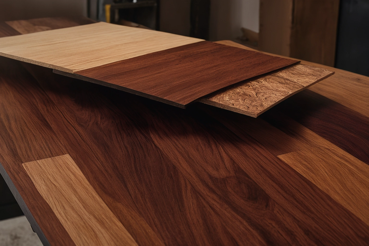 Samples of mahogany, rosewood and oak boards with grain detail on a bench