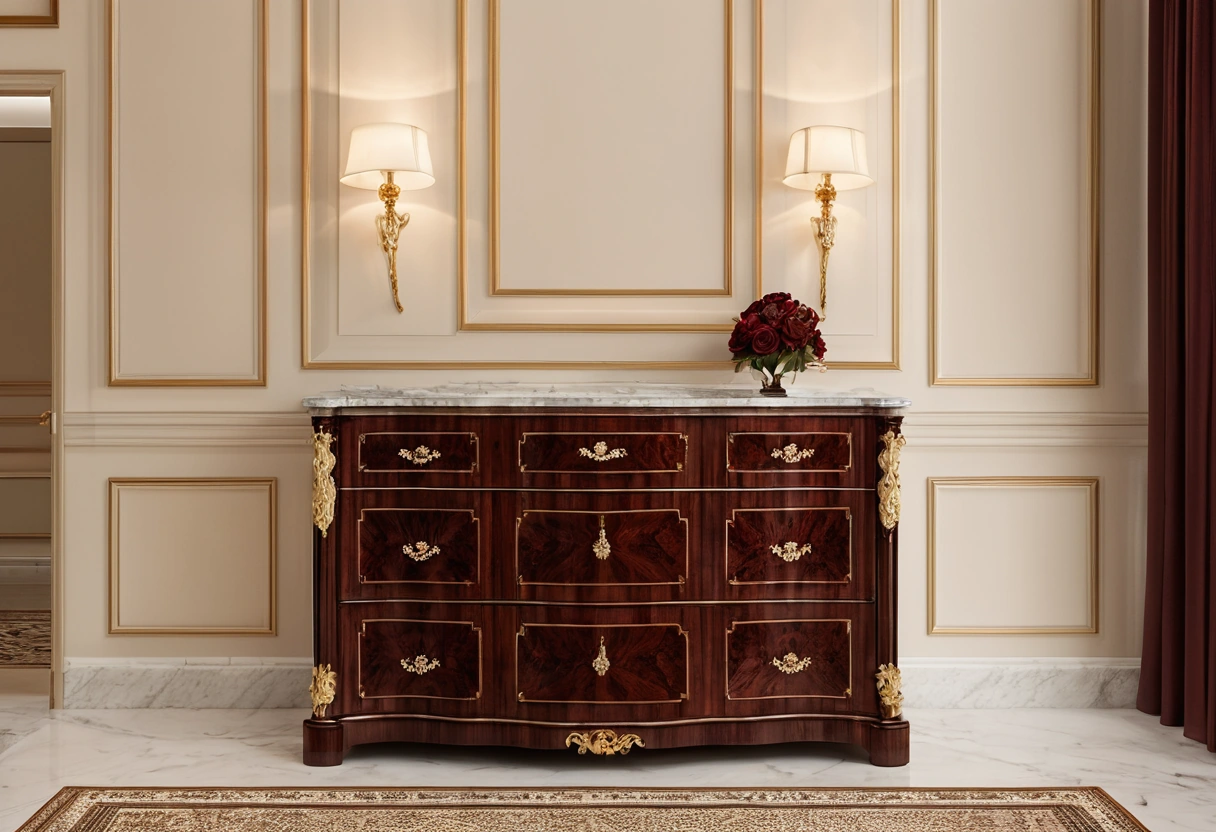 Classic rosewood commode with brass handles in a bright interior