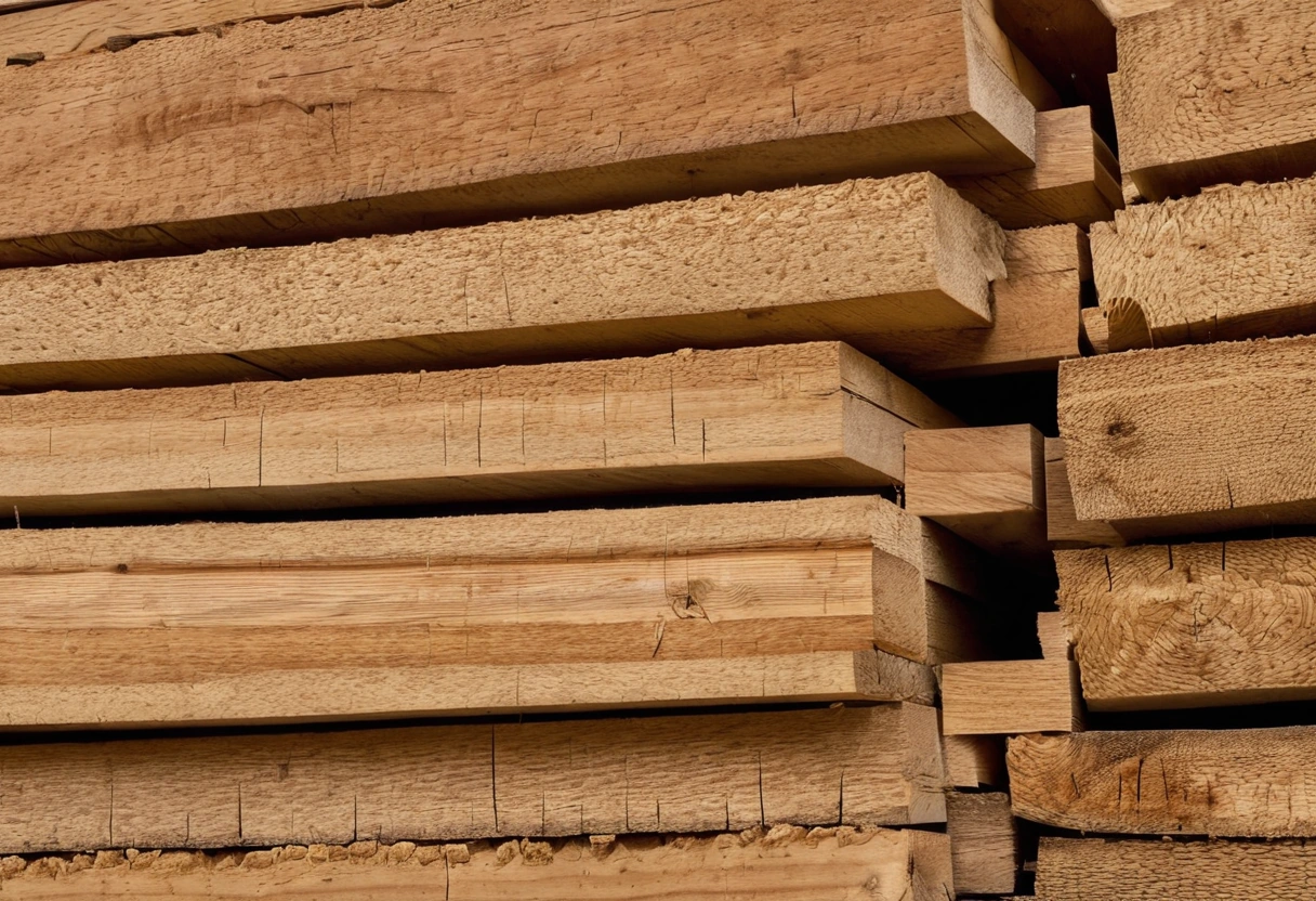 photorealistic photograph of oak boards stacked for seasoning in a timber yard, pale gold wood, soft overcast